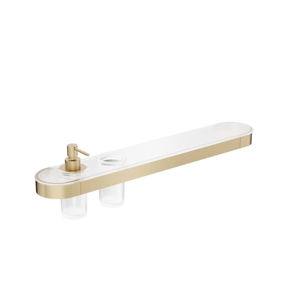 Crosswater Velo Brushed Brass Shelf, Soap Dispenser & Tumbler Holder - Left Hand